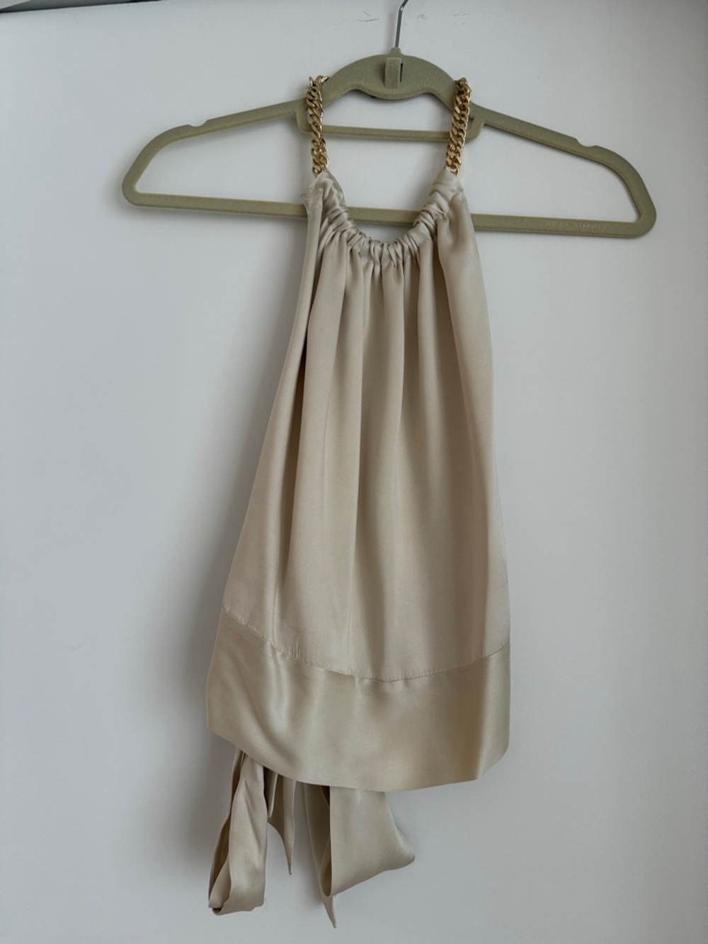 Beige Satin Halter Tank Top with Gold Chain Straps